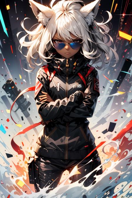 extreme quality, cg, detailed face, (bright colors:1.0), (anime), 1girl, (fox ears, animal ear fluff, (fluffy hair), white hair, medium hair, gold lens sunglasses, (sporty:0.8):1.2), (dark skin:1.2), solo, floating hair, looking at viewer, cute serious, smirk, glowing, animated, jacket, glitch, cinematic lighting, strong contrast, high level of detail, (flat color:0.6), masterpiece, best quality, 8k, white background, broken glass, (explosion), tactical clothing, wearing sunglasses, bj_Fault art, SMM