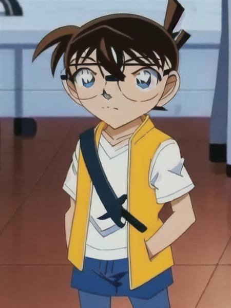 <conan>, glasses, male child, brown hair, blue eyes, child, black-framed eyewear, shirt, hands in pockets, 1boy, white shirt, solo focus, short hair, bangs, pants, jacket, looking at viewer, open clothes, blue jacket, closed mouth, 1girl, standing, short sleeves, skirt, open jacket, shadow, shoes, grey skirt, multiple boys, black footwear, hair between eyes, hood