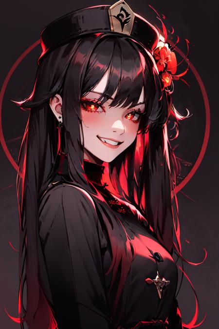   Hu_Tao_Genshin, 1girl, solo, long hair, red eyes, brown eyes, flower-shaped pupils, twintails, hu tao \(genshin impact\), hat, long sleeves, hat flower, jewelry, chinese clothes, shorts