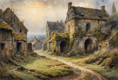 style of Albert Goodwin
,a dark and moody watercolor landscape painting of an abandoned village swallowed by encroaching shadows, with dilapidated buildings and overgrown ruins hinting at the passage of time and the stories of those who once called this place home.