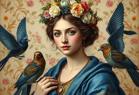 A classical-style painting featuring a beautiful young woman adorned with a floral crown and draped in an ornately embroided blue garment. She is surrounded by birds. The background is decorated with a floral pattern, and birds are detailed with blue and brown feathers, adding a natural element to the composition. The overall scene evokes a sense of antiquity and artistic elegance, blending human and nature elements in a historical art style. luc14nn4