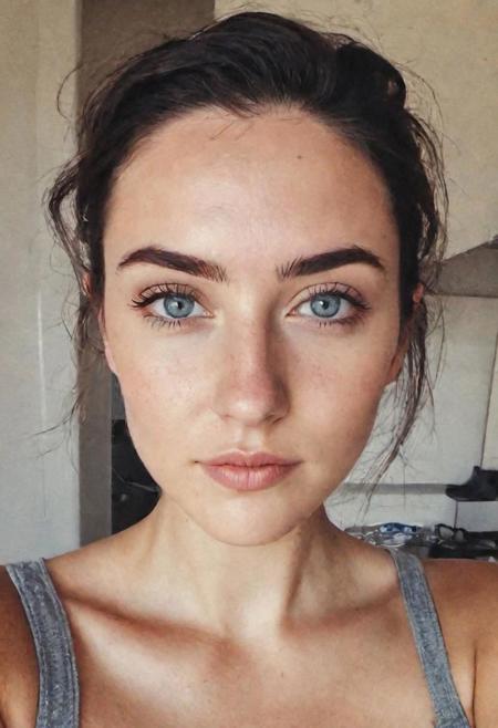 instagram selfie , a 18 year old gorgeous woman , slight smile , detailed skin face and eyes , natural lighting , at home , short hair, topless , film grain, low contrast, natural face , freckles , black hair , blue eyes, dark circles under eyes,nsfw, small breasts, puffed nipples