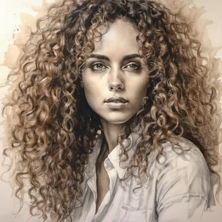 <lora:gaiascodellaro_xl_lora:1>  gaiascodellaro  a beautiful woman,  light natural tones , pencil drawing , watercolor drawing, portrait of a woman with long curly hair and white shirt, detailed brown eyes, beautiful , highly detailed, soft color tones, soft lighting, detailed lines, sharp, realistic, brush strokes, light hints of paint drips