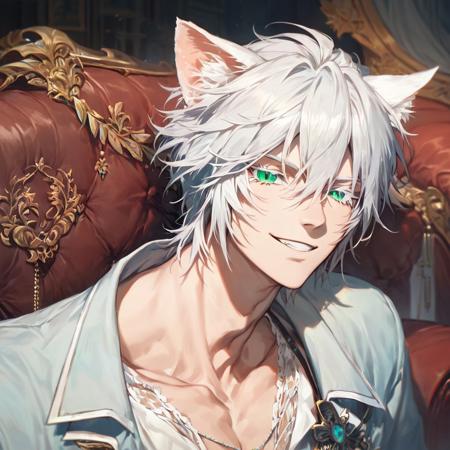 Adonis, 1boy, white hair, white eyelashes, green eyes, slit pupils, cat ears