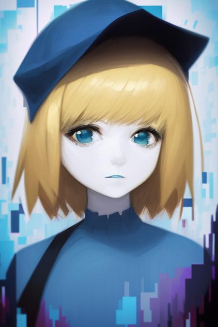 glitch,a portrait of a blonde girl with blue cap and blue shirt