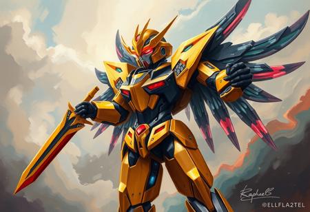 A surreal oil painting in the style of Raphael, depicting a Power Angel Valkyria robot, resplendent in gold and black with vibrant red and blue highlights. The robot stands with powerful, extended limbs in a dynamic action pose, a symbol of strength embodied by the sword in its right hand. Its large head with a glowing red visor is the focal point. The background is a fluid, merging Dream Mirror of Joy, painted with sweeping brush strokes and harmonious, Stunning Colors, creating a dreamlike and attractive backdrop that reflects the robot's presence. The composition utilizes a Creative Angle and Isometric perspective. 4K, Exceptional Quality, More Detail, Lifelike Details, Super Detailed Face and Eyes and Clothes, Handcrafted with Precision, High Quality, Sharp Lines and Brush Strokes, Multi Colored, Contemporary Aesthetics, Beautiful Matte Painting, Impeccable Composition, Balanced Editing, Intentional Focus, Well-timed Moment, Captivating Lighting, Grammer Effect Style, Splash Ink Illustration, Octane Render, Unreal Engine 5, Houdini Style, Vivid Emotions, Joyful Impact, Powerful Message, Beautiful Detailed Eyes, CGSociety, Artstation Trending on ArtstationHQ, Golden Ratio, trending on artstation, very very detailed, masterpiece.