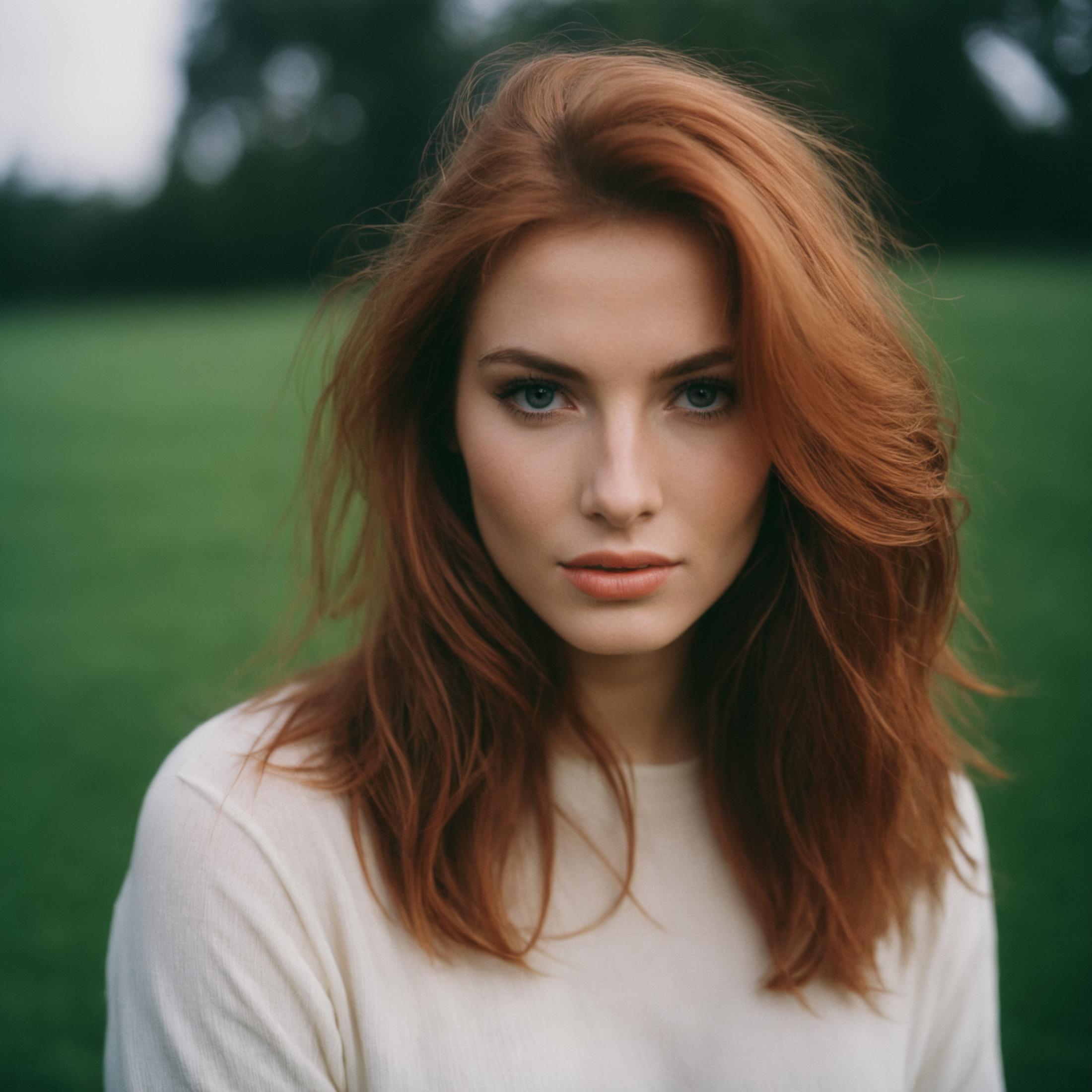 A beautiful red-haired woman wearing a white top poses in a grassy field.
