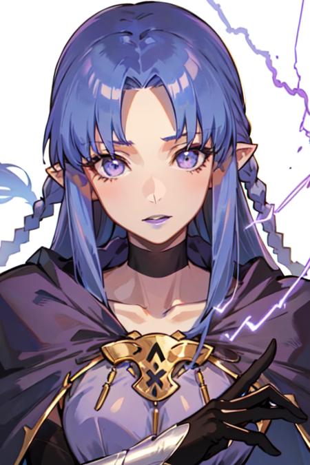 <lora:Medea:0.8>, medea \(fate\), 
MedeaRobe, 1girl, solo, long hair, looking at viewer, blue eyes, gloves, white background, dress, blue hair, purple eyes, collarbone, upper body, braid, pointy ears, cape, makeup, lipstick, side braid, electricity, purple lips, blue lips