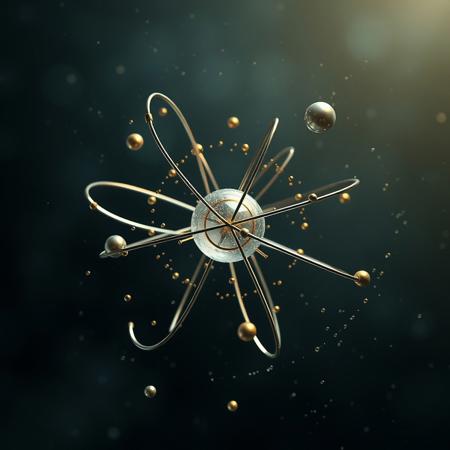 3d atoms colliding together, electrons on orbits, nucleus