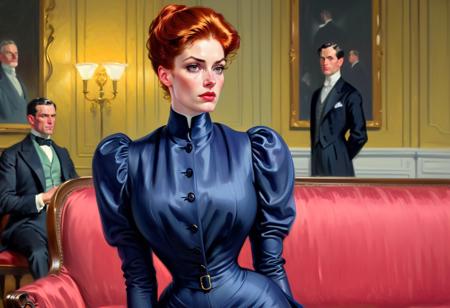 Women are tall with good posture. Women are haughty, women are elegant, women are superior, women are beautiful with high and prominent cheekbones, women have beautiful natural warm skin tones and long and luxuriant (blonde:auburn:0.3) hair. Women are slender with massive breasts and small asses. Women wear tight [Edwardian |Victorian] jacket dresses and narrow fitted skirts.  Women have full lips and a slight sneer.  Women are alluring and seductive. Men are tiny and short, men are sniveling and nervous, men have short hair and timid expressions. The scene is moody,  an oil painting by Charles Dana Gibson. (An elegantly dressed,  tall and haughty very young girl in a palatial room:1.4) <lora:hand 4:0.5>hand  <lora:Gibson_XL:0.6> by g1bs0n <lora:Belle_Epoque_Dresses_1880-1914_XL:0.6> 1900_dr3ss  female focus, high heels <lora:sinfully_stylish_SDKL:0.25> 1boy, 1girl, masterpiece, 4k, uhd, dynamic action <lora:officialpit_style_xl_ilff:0.3> big breasts, dark-skinned male, interracial, bubble butt, female focus, dynamic action, perspective, intense scene, men and women,