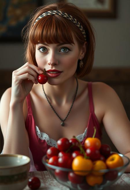 real life realistic,  beautiful woman at a table, bowl of fruit  on the table, women looking at viewer lovingly as one lifts a cherry to her open mouth.  One  hand is on the cheek touching a curl of hair at the front of her ear.  red-haired Irish, small breasts, sleeveless blouse  headband, necklace , bangs,  short hair.
score_9, score_8_up, very detailed, detailed eyes,  high detailed texture, realistic, photorealistic, perfect eyes, real life realistic, Expressiveh, Stable_Yogis_PDXL_Positives, midjourneylora, detailed background, dynamic angle, volumetric lighting, godrays, beautiful, small breasts, green eyes,