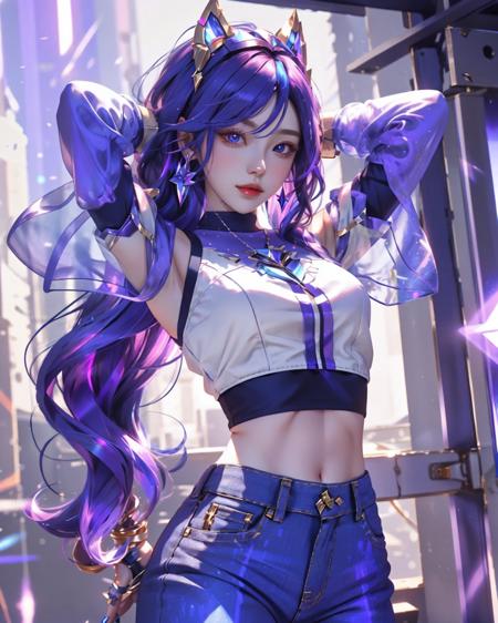 best quality, 1girl, solo, long hair, looking at viewer,  multicolored hair, earrings, detached sleeves, midriff, pants,  k/da \(league of legends\)