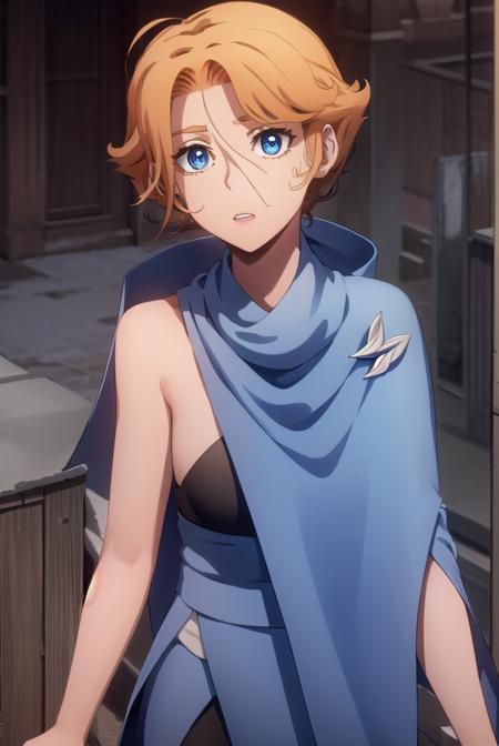 sypha, short hair, blue eyes, orange hair, cape, blue cape,