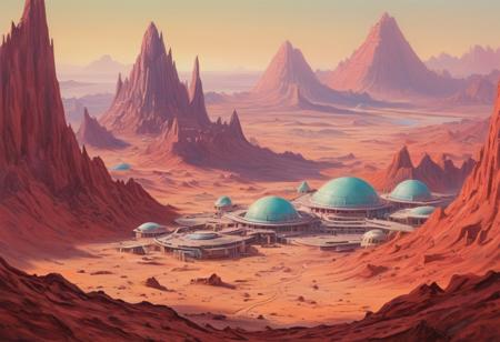 A pastel painting from the 1950's, in the style of retro-futuristic science fiction, capturing, a fantastical city on Mars, hidden among the crimson high peaks, where majestic biodomes shelter lush savannas and far-off lakes glisten.