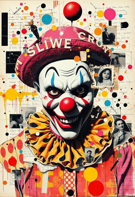 Outsider art. A surreal and deconstructed boldly coloured mixed-media collage in the style of Jacques Prévert with an urgent sense of chaos and energy. An analogue collage artwork blending fragmented styles, layers and textures. 
A pastel-coloured risograph print of a sinister 1920s American travelling carnival clown.
Layered over this obscuring the image are multiple fragmented and overlapping layers of chaotic thick paint, splatters of paint, palette knife oil paint, handwritten scrawled text messages, torn photographs and broken distorted vintage photographs filling the canvas. Layers of repetition of brightly coloured dots in Yayoi Kusama style. Fragmented scribbles and abstract graffiti images in Jean-Michel Basquiat style over the top. The overall effect is manic and anarchic with an urgent sense of energy.