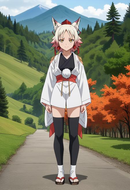 MomijiTenSura multicolored hair, white hair, pink hair, yellow eyes, wolf ears, hair ribbon, earrings, leaf tokin hat, red headwear, white kimono, black shirt, red sash, pom pom (clothes), long sleeves, black thighhighs white socks, sandals