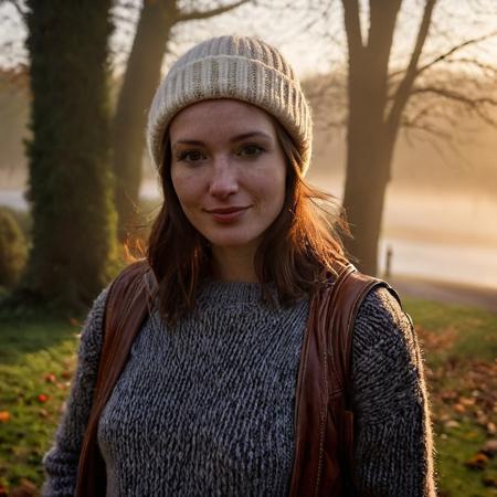 A beautiful selfie of a 30 year old Dutch woman, ((sweater)), ((leather jacket)), ((beany)), ((full body:1.2)), she has a comely face, shy smile, in love, pale skin, very dark eyes, chocolate brown hair, straight hair, 70's fringe, beautiful mouth, long face, narrow chin, freckles on nose, birthmarks on stomach, she is slim, natural tits, perfectly shaped tits, pubic hair, ultra realistic, extremely detailed, highly detailed eyes, realistic eyes, highly detailed skin, realistic skin, a walk on the heath, early morning, autumn, a little foggy, beautiful lighting, soft natural light, golden hour light, autumn, perfect light, Rembrandt style light, 8k resolution, masterpiece, 35mm,Camera="Hasselblad X1D 50c", Lens="Hasselblad XCD 90 mm f/3.2 ", "Aperture-of=f/2.8", "ISO=100", film grain, (ultra high res:1.2),(photo-realistic:1.3) (skin pores:1.1)
