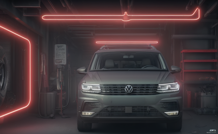 -looking through a window inside a garage, dark matte-gray volkswagen tiguan II ((2024)) suv car, (with red neon glowing tires)  car license plate adjacent to the text DE VW 270, city view, cyberpunk, futuristic, octane, render, cgi, global illumination, vibrant colors, best quality, highly detailed,cinematic scene, stunning colors, ultra detail, HD, soft lighting, intricate, very detailed, pixiv, 4k, high quality
 <lora:texta:1> logo, text,