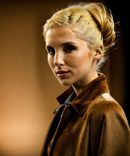 beauty photo of a woman <lora:PiperPerri_v1:1> a Realistic (Full Body shot) of a PiperPerri with (intricate complex hair bun:1.1) blonde hair style, Beautiful, Detailed face, Perfect eyes, (highly detailed skin:1.1), (wearing jeans a blouse and closed suede coat), perfect body, best quality, Modelshoot style, Professional Photography, Photorealistic, standing in a Dark Studio background, bokeh blurred background, RAW, analog style, sharp focus, 8k, ultra high resolution, DSLR, high quality, Fujifilm XT3, film grain, award winning, masterpiece (NSFW:-1) (Cleavage:-1) , confident, curious,