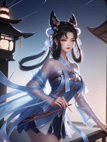 <lora:WZRYchangeRML_20230807210458:0.75>,WZRYchangeRML,1girl, mature female, looking at viewer, cityscape, night, hair ornament, dress,forehead mark, hair rings,chinese clothes, animal ears, sidelocks, see-through, skirt,ribbon, fluff, makeup, metal trim,