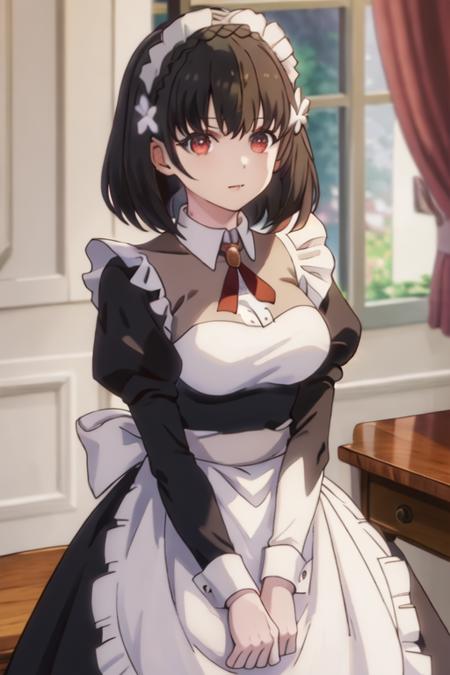 best quality, masterpiece, highres, solo, {maid:1.40}, {long maid dress:1.15}, {lainie_cyan_tenseioujototensaireijounomahoukakumei:1.15}, black_hair, short_hair, hair_ornament, bangs, flower, hair_flower, braid, crown_braid, blurry, red_eyes