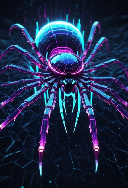 high quality,masterpiece,ultra-high resolution,incredible composition,extremely detailed, A majestic spider in close-up, its exoskeleton glitching with pixelated teal and violet artifacts, shimmering like a digital titan. Its fierce tail pulses with digital static, radiating icy power. The background is black desert, with fragmented neon grids and cascading glitch particles in indigo and crimson. Hyper-detailed, 8K resolution, with dynamic glitching effects and a futuristic vibe. codeandigital,, c0dean0igital,, cyberw0rlds,