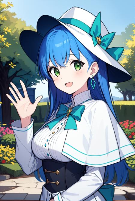 isabellaNorn,((waving)),1girl,solo,blue_hair,open_mouth,:D,long_hair,green_eyes,blush,smile,happy,jewelry, closed_mouth,earring,accessory,masterpiece,highly_detailed,medium_breasts,<lora:isabellaNornV4_augmented:.5>,white_capelet,hat_bow,garden,outdoors,looking at viewer, <lora:GoodHands-vanilla:1>,