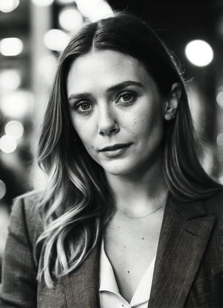 candid RAW close up portrait photo of sks woman in a (purple colored suit:1.0) on a dark street with shopping windows (at night:1.2), bokeh, Ilford Delta 3200 film, dof, high definition, detailed, intricate, flashlight, <lora:locon_elizabetholsen_v1_from_v1_64_32:1.25>