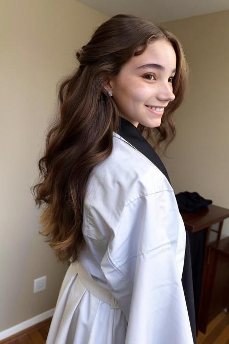 upper body <lora:LauraTaylor_v1:.9> LauraTaylor, focus on smiling face, from behind wearing a cassock , her color primrose hair is styled as twisted half-up hair,