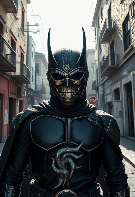 A masked hero stands in a sun-drenched Expressionist street, surreal landscape photography meets expressionist figuration, constructed environments with raw, distorted human elements, hyperreal nature infused with bold linework and visceral emotion, manipulated scale and perspective, stark contrast between artificial beauty and human brutality, expressive textures in staged settings, psychological symbolism, modernist grotesque forms set within photographic landscapes, architectural fragments and surreal models clashing with abstract figures, ambiguous spatial narratives, visual tension between control and chaos, hybrid of photographic realism and neo-expressionist intensity