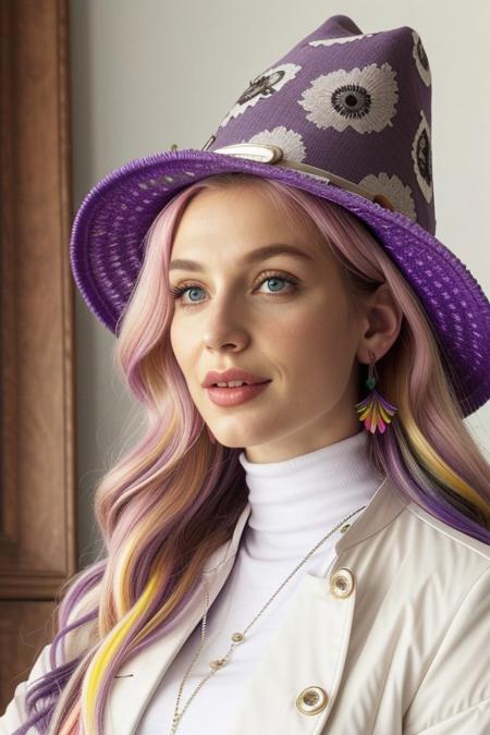 score_9, score_8_up, score_7_up , 1female, 35 years old, solo, close-up portrait, blush, happy, blue eyes, beautiful, mature female, blonde hair 
,purple hair, realistic, circlet, necklace, earrings, diabellze, multicolored hair, witch hat, white coat, white bodysuit, multiple belts, extra decorations, living room.