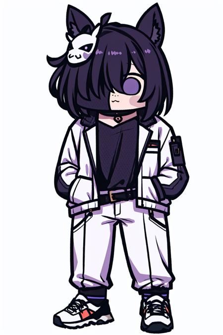 <lora:JazzJack:1>, virtual youtuber, 1boy, solo, male focus, black hair, black shirt, shirt, multicolored hair, streaked hair, animal ears, white footwear, full body, white hair, white background, shoes, pants, standing, looking at viewer, tail, simple background, sneakers, jacket, open clothes, straight-on, mask, socks, collarbone, hands in pockets, short hair, purple pants, jackal ears, long sleeves, white jacket, alternate costume, bangs, open jacket, official alternate costume, hair over one eye, two-tone hair, belt, hair between eyes, purple socks, jewelry