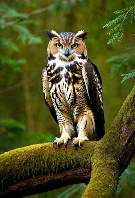 Create an ultra-realistic image of a hypothetical creature, a blend of various animal traits to form a unique, imaginative being. This creature should have a detailed and lifelike appearance, showcasing a combination of features such as the majestic wings of an eagle, the sleek body of a panther, and the wise eyes of an owl. Its skin or fur should have a rich texture, reflecting a natural environment, perhaps with patterns or colors that suggest camouflage or display. The creature's pose and expression should convey its character, whether it's cunning, noble, or mystical. The setting should complement the creature, perhaps a lush, fantastical forest or a rugged, unexplored wilderness. The focus should be on the intricate details of the creature's anatomy and the interplay of its combined traits, creating a believable yet fantastical entity