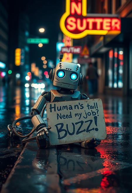 Sad robot sitting on street with sign "Humans took my job! Need BUZZ!". Wet street, night, neon lights, raining, worn look, rusty.