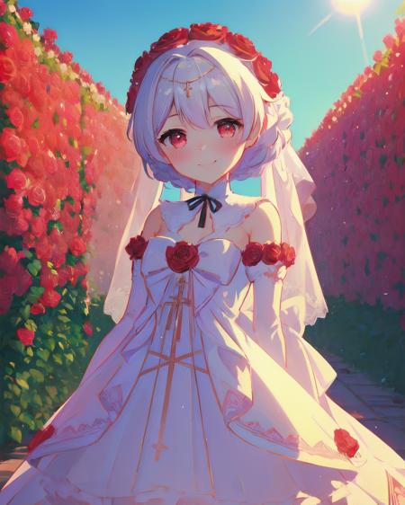 <lora:rosy_bridesmaid_m6:1>, rosy bridesmaid, (masterpiece, top quality, best quality, official art, beautiful and aesthetic:1.1), extreme detailed, colorful, 1girl, standing, cowboy shot, looking at viewer, blush, light smile, wedding dress, rose, outdoors, garden, flower, floral background, sun, blue sky, depth field