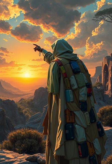 A prophet in a post-colonial fantasy world points toward the horizon, draped in a cape stitched from faded containers, classic fantasy illustration meets contemporary african conceptual art, painterly realism combined with assemblage and found material texture, mythological narratives infused with socio-political symbolism, glowing fantasy lighting on sculptural figures wearing repurposed plastic, epic landscapes with bold color blocks and tactile surfaces, heroic characters in woven or fragmented garments, dramatic skies with cultural storytelling motifs, narrative depth with environmental commentary, high fantasy infused with recycled material aesthetics, cinematic composition meets sculptural abstraction, surreal mythic realism with postcolonial identity themes
