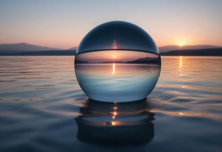 An infinite, calm water surface stretches across the scene, reflecting the soft pastel hues of a serene sunset. Above the water floats a perfectly round, transparent glass sphere, glistening faintly with refracted light, its surface shimmering with refracted light that captures faint glimmers of distant stars and the silhouettes of serene trees. Surrounding the sphere are delicate ripples in the water, creating a mesmerizing interplay of motion and stillness. Distant mountains fade into the misty horizon, adding depth and tranquility. The sphere's transparency captures hints of the sky and surroundings, merging the ethereal with the natural in a harmonious, surreal atmosphere.