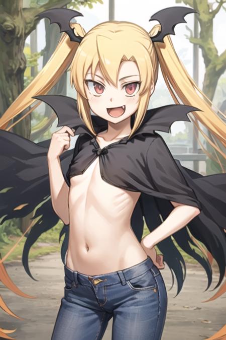 vampire, long hair, cape, red eyes, vampire girl, mon-musu quest, blonde hair, twintails