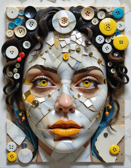 ( marble:1.3), photograph, mixed media art, collage, face, portrait, woman, yellow eyes, white background, colorful, diverse textures, paper, cardboard, photographs, postcards, magazine cutouts, buttons, beads, felt, fabric, objects, 3D effect, realistic, contemporary art, abstract, intricate details, creative, eclectic, collage art, art installation, mixed media, modern art, visual art, face mosaic, close-up, headshot, facial expression, neutral expression, mixed media portrait, diverse materials, artistic, craft, handmade, mixed media art, art, collage, collage art, face art, mixed media portrait, diverse materials, mixed media art, art installation, contemporary art, visual art, face mosaic, realistic, intricate details, creative, eclectic, mixed media, modern art, diverse materials, mixed media art, art installation, contemporary art, visual art, face mosaic, realistic, intricate details, creative, eclectic, mixed media, modern art, diverse materials, mixed media art, art installation, contemporary art, visual art, face mosaic, realistic, intricate details, creative, eclectic, mixed media, modern art, diverse materials, mixed media art, art installation, contemporary art, visual art, face mosaic, realistic, intricate details, creative, eclectic, mixed media, modern art, diverse materials, mixed media art, art installation, contemporary art, visual art, face mosaic, realistic, intricate details, creative, eclectic, mixed media, modern art, diverse
 <lora:GeekyXL_Liquid_Marble:1>