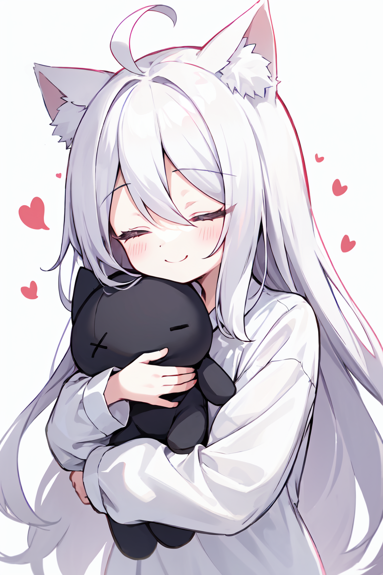 best quality, 1girl, solo, (chibi:1.2), cute, happy, oversized shirt, absurdly long hair, white hair, ahoge, closed eyes, ...