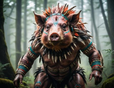 award winning photograph, humanoid porcine cryptid, animalistic, savage, tribal, chroma, rim lighting, volumetric, 8k resolution, trending on artstation  <lora:xl_more_art-full_v1:0.8>