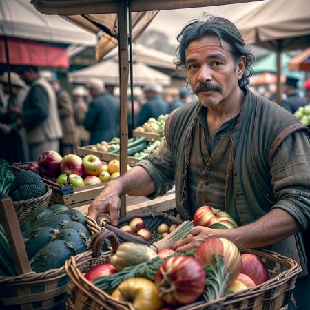 (vendor (grocer):1.3) <lora:RPGVendorGrocer:1> 1boy, black hair, solo, holding, male focus, food, indoors, blurry, fruit, depth of field, blurry background, facial hair, knife, beard, realistic:1.3, mustache, apple, basket, vegetable, holding basket, onion,  (professional lighting:1.2)