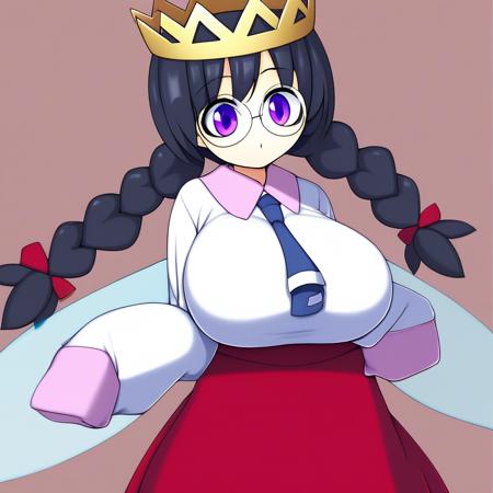 Queen Ripple twin braids, round eyewear, fairy wings, black hair, crown, very long hair, sleeves past wrists, sleeves past fingers, purple eyes, red skirt, white shirt, blue tie