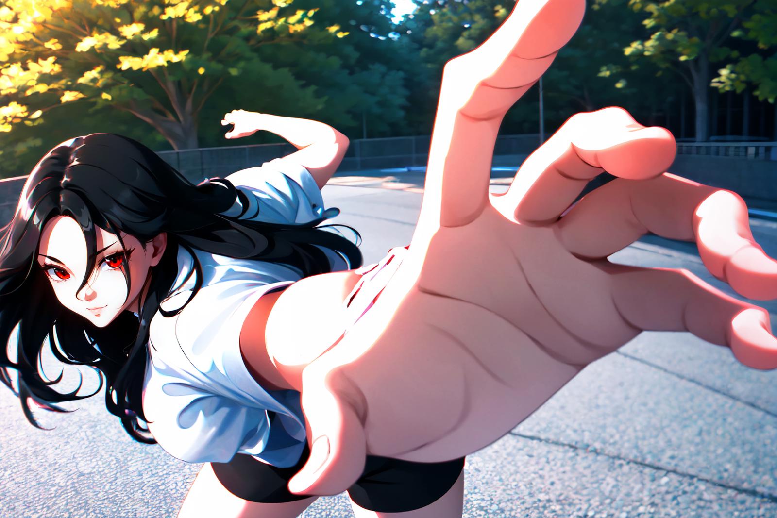 A cartoon image of a woman in a white shirt and black shorts with a hand reaching out towards her.