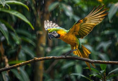 Close up parrot flying in to land on branch, jungle, rain,