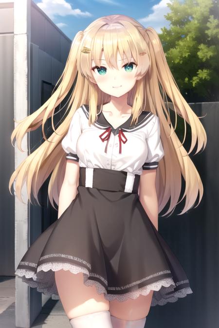 Hasekura Eiru very long hair,blonde hair,two side up,hair intakes,hair ornament,hairclip,sidelocks,hair between eyes,bangs,green eyes collarbone,school uniform,white sailor collar,white shirt,neck ribbon,red ribbon,medium breasts,skindentation,puffy short sleeves,high-waist skirt,black skirt,frilled skirt,lace-trimmed skirt,zettai ryouiki,white thighhighs,mary janes,black footwear