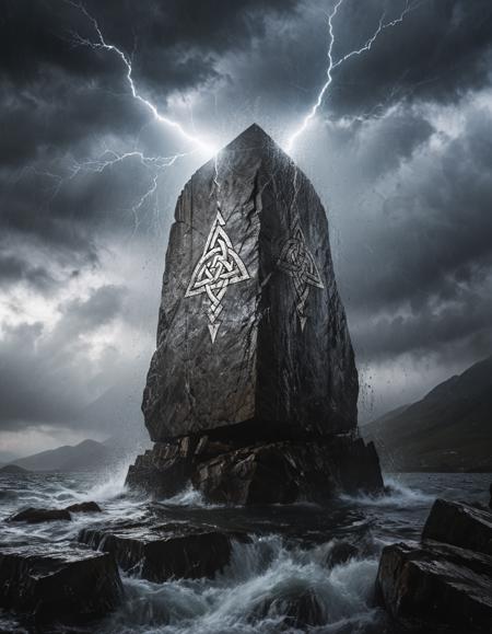 (closeup), lighning hitting montain causing huge  rock avalanche, (giant orangle glowing engrave celtic stone runes), (stone impact), raining, mountains,  rocks, (wet), water dripping, epic stormy gray sky, (cinematic), scifi,  lightning ,  <lora:Desolation:0.6>,