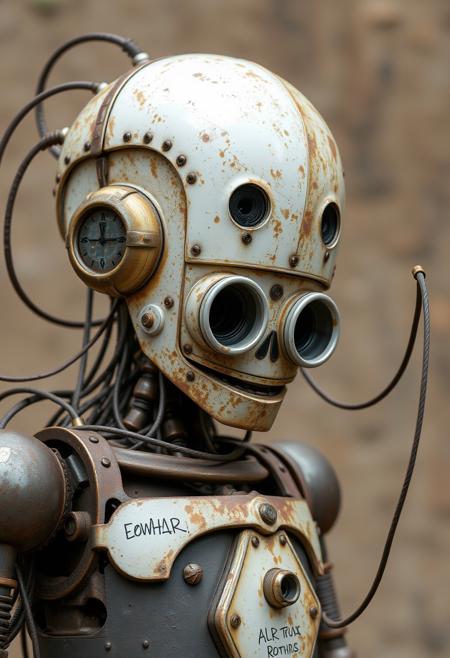 retro robot that is build with old rusty pipes and millions of intricate wires