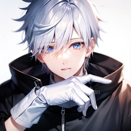 1boy, bangs, blue_eyes, eyebrows_visible_through_hair, gloves, gojou_satoru, hair_between_eyes, high_collar, long_sleeves, looking_at_viewer, male_focus, pov, short_hair, signature, simple_background, solo, twitter_username, upper_body, white_background, white_gloves, white_hair