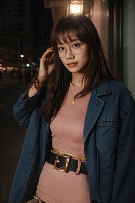 18 year old girl, on street, night view,
(look at viewer:1.4), embarrassed face, (blush:1.2), <lora:circle-glasses_v1.1:1> gold circle-glasses, brown eyes, makeup, lips,
(tiny breasts:1.2), slim body, medium hair with bangs, blue jacket, white oversize shirt, Belt, short dress, midriff,
portrait, analog photo, high quality, soft light, side view, establishing shot, softcore, warm lighting, cosy atmosphere, instagram style
<lora:HKGirlv2:0.5> hong kong female,
<lora:Skin_ReaLora:0.4> <lora:Cloth_ClothingAdjuster3:0>  <lora:Scale_FilmVelvia3:0.5> <lora:add_detail:1>